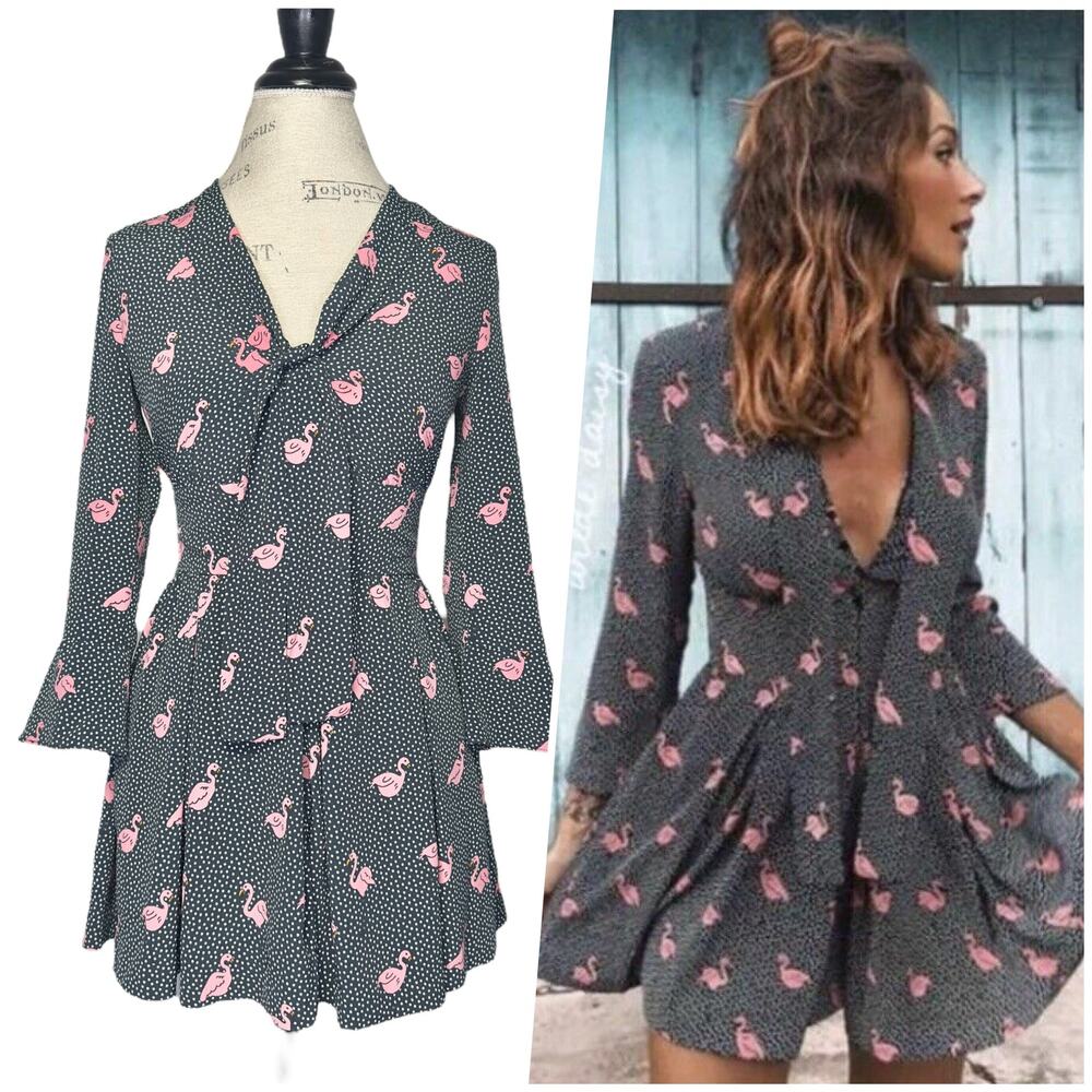 Zara Basic | Women | Flamingo Polka Dot Print Tie Neck Short Romper | Size XS